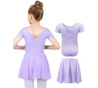 MYSSUCI Maillot Ballet Niña Leotardo de Ballet de Manga Corta de Algodón Maillot Gimnasia Ritmica Niña con Falda Removible para 3-11 años（Morado，130）