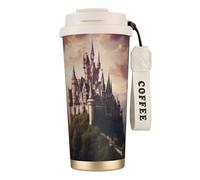 Mysterious Fantasy Fairy Tale Castle - Taza de café aislada de acero inoxidable 316 con tapa a prueba de fugas, mantiene caliente o frío