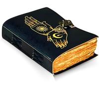 Mystic Hands - Diario de papel antiguo hecho a mano, 7 x 5 pulgadas, 200 páginas, cuaderno de cuero vintage con diseño de palma de sol y luna, papel de algodón sin forro, diario de viaje, cuaderno de