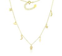 MYSTIC JEWELS - Collar Plata 925 Bañada en Oro - 7 Dijes: Triángulo, Ojo, Luna, Estrella, Rayo, Alas y Mano de Fátima con Circonita, Ajustable con Caja de Regalo