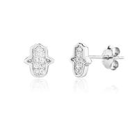 MYSTIC JEWELS - Pendientes Mano de Fátima Plata 925, Mini Hamsa con Circonitas, Antialérgicos, Minimalista, Joyería de Protección, Incluye Caja de Regalo + una pulsera de ojo turco