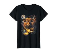 Mystical Buey Luna Llena Farm Animal Art Camiseta gráfica económica, Mujer, Negro, XS