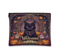 Mystical Cat - Bolsa de maquillaje con cita mágica de otoño de 7 x 9 | Ilustración de arco gótico, bolsa de maquillaje con cremallera, linternas brillantes, botellas de poción de bruja