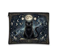Mystical Cat Moon Phase - Bolsa de maquillaje de 7 x 9 pulgadas | Fases lunares celestiales, bolsa de cosméticos, detalles de cristal, patrones geométricos ocultos, arte nocturno místico