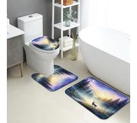 Mystical - Juego de 3 alfombrillas de baño, diseño de bosque de ensueño y cielo nocturno, absorbentes, antideslizantes, en forma de U, lavables, de franela de secado rápido
