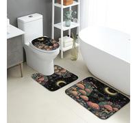 Mystical - Juego de tapetes de baño de 3 piezas, diseño de gato a la luz de la luna, absorbentes, antideslizantes, en forma de U, lavables, flores encantadas, de franela de secado rápido