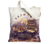 Mystical Library Moon Phase - Bolsa de lona para Halloween, 33 x 38 cm | Velas flotantes, fases lunares, libros antiguos, botellas de poción, estética gótica, tema celestial