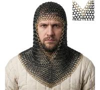 Mythrojan Chainmail Coif Armor Medieval Replica Armour Knight Renaissance Armor Chain Mail Hood with Brass Edges for Cosplay Reenactment Medieval Events Viking LARP 16 Gauge