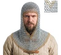 Mythrojan Chainmail Coif with Brass Edges Medieval Knight Renaissance Armor Chain Mail Hood Viking LARP 10mm 16 Gauge Chainmaille Replica for Historical Reenactment Renfair - SIlver Finish