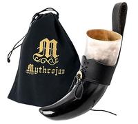 Mythrojan Cuerno vikingo para beber cerveza medieval negro auténtico con correa, taza de cerveza nórdica vikinga, 250 ml, réplica de 226.8 g