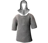 Mythrojan Half Sleeves Chainmail Shirt with Coif Medieval Knight Armor Costume, Silver, XL