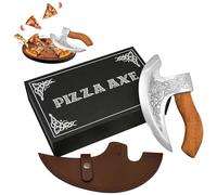 Mythrojan Pizza Axe Cortador de acero inoxidable premium con mango ergonómico y caja de madera, hoja resistente para cortar y picar pizza sin esfuerzo