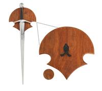 Mythrojan Placa universal de madera con soporte para espada: placa de pared de espada de montaje en pared, placa de exhibición de madera con herrajes, Natural, 11.75" X 11.75"