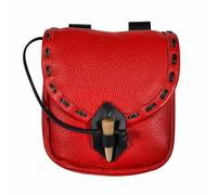 Mythrojan Riñonera de cuero original medieval para accesorios de disfraces, cinturón vikingo, monedero, Cuero rojo y negro, 8" x 7", Bolsa de piel roja