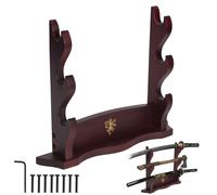 Mythrojan Soporte de espada medieval de madera maciza horizontal para Katana, Samurai, Gladiador, espadas cruzadas, elegante soporte de mesa, 3 niveles, marrón oscuro