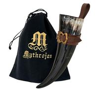 Mythrojan Viking - Cuerno medieval nórdico con soporte de cuero marrón, cuerno natural 100% auténtico para beber cerveza, vino, whisky, hidromiel, cosplay, SCA, LARP - 600 ml