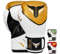 Mytra Fusion Guantes de boxeo - Guantes de entrenamiento MMA perfectos para punch, kickboxing, fitness, sparring, muay thai, entrenamiento y lucha (White/Gold, 10-oz)