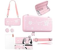 Mytrix Funda de Transporte Rosa para Switch OLED, 4 en 1 Switch Kits de Accesorios con Protector de Pantalla de Cristal Templado, Pegatina para Switch OLED, Tapas de Pulgar, Flor de Cerezo Sakura