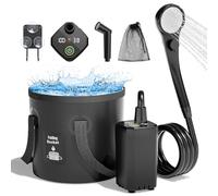 Mytrix Juego completo de ducha portátil actualizado, bomba recargable de 6000 mAh con pantalla inteligente, cabezal pulverizador multimodo, cubo de agua de 5 galones, ducha de camping