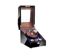 MYUYEE Enrollador De Relojes para 2 Relojes + 3 Compartimentos De Almacenamiento, Luz Led, Carcasa De Madera Y Cuero De Fibra De Carbono, Motores Silenciosos, Apto Par(Marrón+Negro-A)