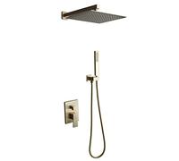 MYXJGNAIY Sistema de Ducha de Pared con Cabezal de Lluvia y Ducha de Mano, Juego de grifería de Ducha con válvula de compensación de presión y Kit de embellecedor, Dorado Cepillado (30 cm)