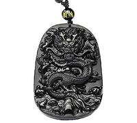MYXJX collar de obsidiana, Hermoso trabajo hecho a mano chino Natural Jade negro obsidiana dragón tallado amuleto colgante de la suerte collar joyería de moda