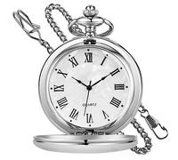 MYXJX Reloj de Bolsillo, Reloj de Bolsillo clásico de Acero Liso con Cadena y números Romanos for Hombre y Mujer, Colgante, Regalo de cumpleaños for el Día del Padre(Silver)