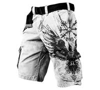 MYZTTZR Mitología Nórdica Hombres Verano Pantalones Cortos Vikingo 3D Tatuaje Retro Moda Individualidad Tendencia Medieval Valhalla Regalo,Raven,S