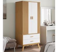mzdioop Armario Olden blanco y marrón de madera maciza de pino 76,5 x 53 x 172 cm con 2 cajones, compartimento grande, asas de madera y patas estables para guardarropa y dormitorio