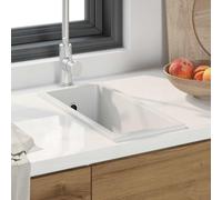 mzdioop Fregadero de cocina blanco 21 x 44 x 14 cm de granito empotrable para cocinas modernas, lavabo duradero con sifón, desagüe, cesta colador, rebosadero y kit de montaje para una fácil