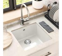 mzdioop Fregadero de cocina blanco de 430 x 460 mm de 80% cuarzo y 20% de resina, duradero y con filtro de desagüe, superficie de fácil cuidado, para cocinas modernas, fácil montaje