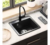 mzdioop Lavabo negro 470 x 440 mm de granito para cocina, fregadero empotrable con superficie resistente al calor para cocinas modernas con fácil instalación y fácil limpieza