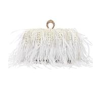 MZPOZB Bolso De Noche De Plumas Bolso de mano con borlas y cuentas, bolso diamantes perlas for noche, boda, fiesta, cadena metal, hombro(White)