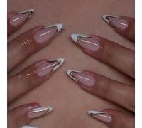 MZRAN 1 juego de uñas postizas de punta francesa, desmontables, a presión, color almendra, cobertura completa, suministros de manicura para mujer