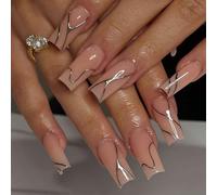 MZRAN 1 juego de uñas postizas largas, cobertura completa, uñas adhesivas, espirales, uñas a presión, uñas artificiales de otoño, suministros de manicura