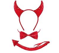 MZRAN Diadema de cuerno rojo, cola, aro de pelo de animal para niños, espectáculos de Halloween, diablo, animal, diademas, disfraz de lentejuelas rojas