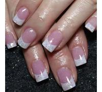 MZRAN Elegantes uñas postizas cuadradas de acrílico con punta francesa brillante, para mujeres de moda y manicura rápida, 24 unidades