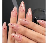 MZRAN Juego de 24 uñas cortas de almendra a presión con forma de corazón para mujer, uñas acrílicas para el día de San Valentín, fácil aplicación