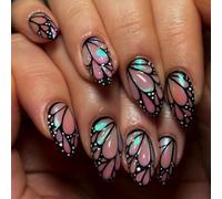 MZRAN Juego de 24 uñas postizas brillantes de almendra con detalles de mariposa 3D, para mujer