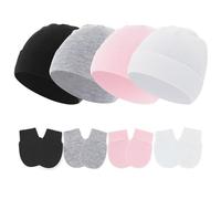 MZRAN Juego de 4 gorros para recién nacidos, gorras fetales de moda, sombrero sin ala, elegante tocado con manoplas antiagarre, gorras fetales de algodón para recién nacidos, Juego 1, Talla única