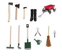 MZRAN Juego de herramientas de jardinería en miniatura con escoba/tijera/carrito de mano, macetas de agua para casas de muñecas 1/12, modelo de proyecto, decoración de casas de muñecas