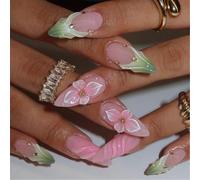 MZRAN Juego de uñas elegantes con diseños florales franceses 3D, uñas postizas acrílicas a presión para mujer, 24 unidades