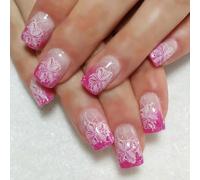 MZRAN Uñas acrílicas a presión de punta francesa con diseños de flores, juego de uñas postizas cuadradas brillantes