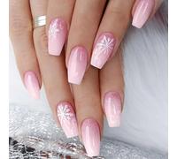 MZRAN Uñas postizas largas a presión de Navidad, juego de uñas acrílicas con diseños de copo de nieve, uñas adhesivas para mujer, 24 piezas