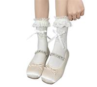 MZSKLW Calcetines de Encaje 3pair Women Wear Both Sides Lace Trim Bowknot Fishnet Mid-calf Stocks Thin Breathable And Comfortable White Sheer Slouch Socks(White)