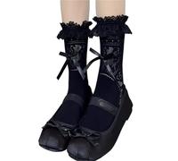 MZSKLW Calcetines de Encaje 3pair Women Wear Both Sides Lace Trim Bowknot Fishnet Mid-calf Stocks Thin Breathable And Comfortable White Sheer Slouch Socks(Black)