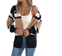 MZYFDC Cardigan de Punto Mujer Knitted Cardigan Contrast Striped Sweaters Autumn Winter Casual Lantern Long Sleeve Tops Woman Coats(Khaki,M)