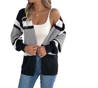 MZYFDC Cardigan de Punto Mujer Knitted Cardigan Contrast Striped Sweaters Autumn Winter Casual Lantern Long Sleeve Tops Woman Coats(Gray,XL)