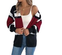 MZYFDC Cardigan de Punto Mujer Knitted Cardigan Contrast Striped Sweaters Autumn Winter Casual Lantern Long Sleeve Tops Woman Coats(Burgundy,M)
