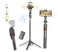 MZYSKJ - Trípode de seguimiento de cara resistente de 71 pulgadas de alto 360° para teléfonos iPhone Android con 2 luces, Ai Selfie Stick con control remoto, kit de creación de contenido portátil para